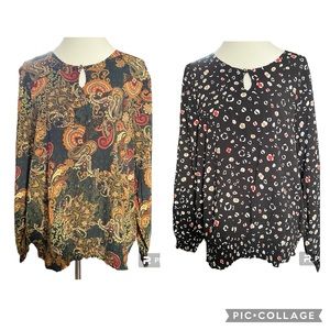 Lot Christopher & Banks Smocked waist & wrist blouses olive leaf black multi LG